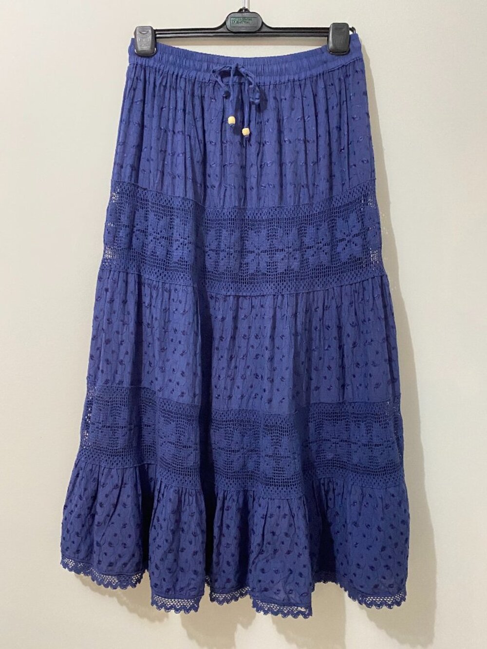 Navy Blue Tiered Maxi Skirt Crochet Embroidery Prairie Boho Flowy Cotton Summer